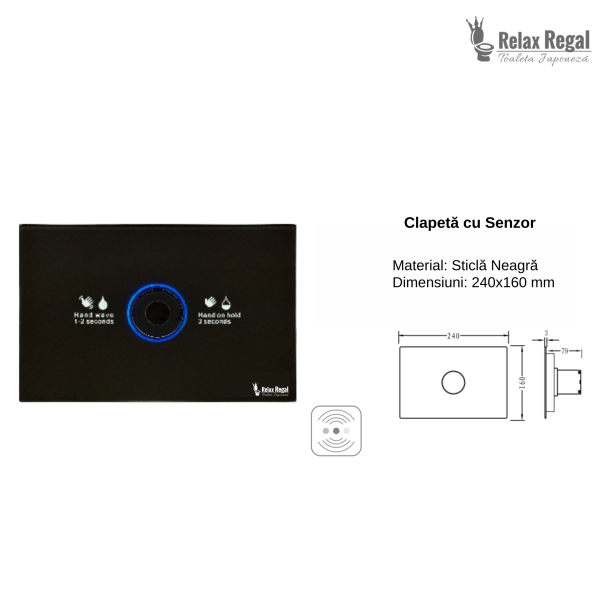 Clapetă cu senzor sticlă neagră Relax Regal cu dimensiuni