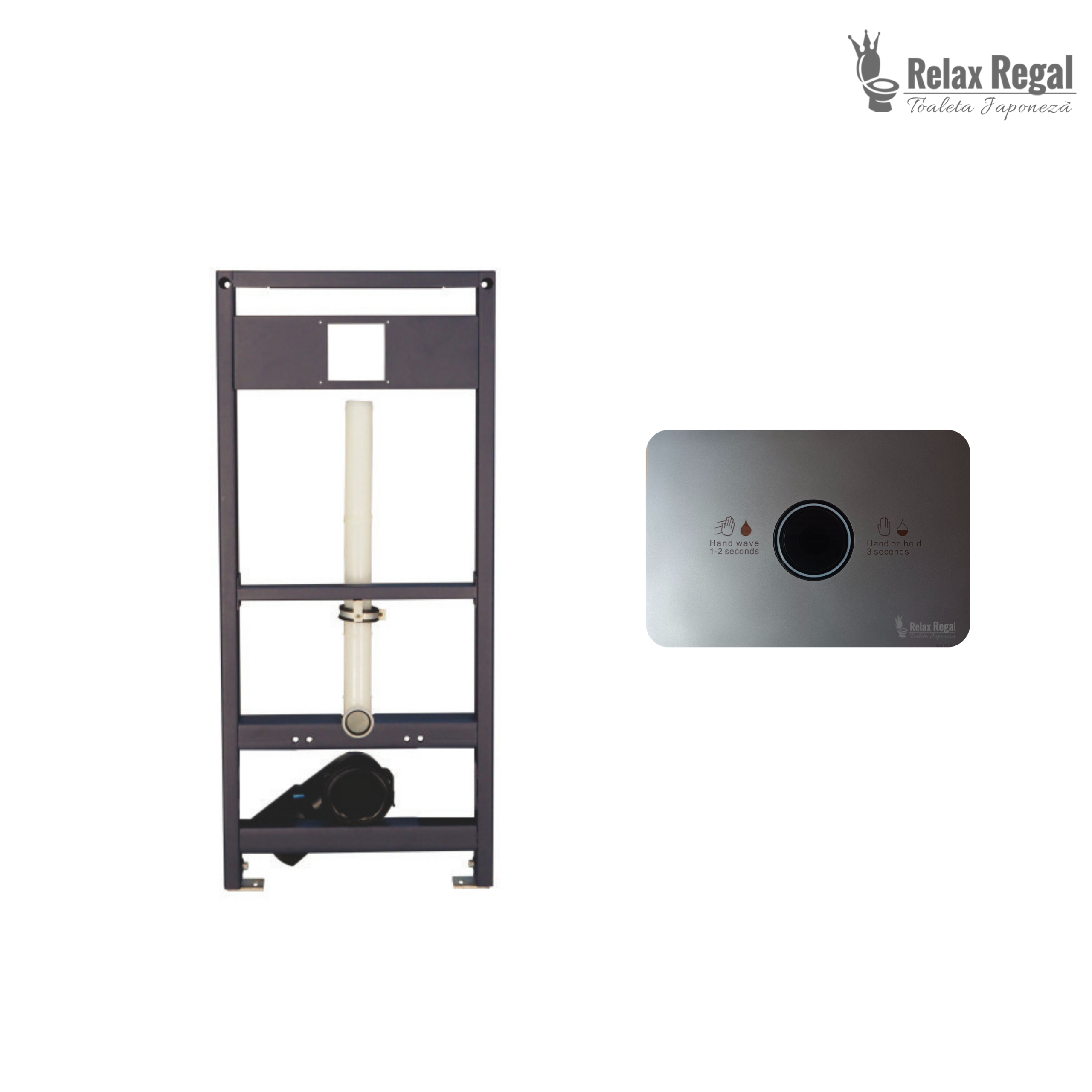 Cadru metalic pentru rezervor Relax-Regal, prezentat alături de panoul cu senzor fără atingere. Titlu