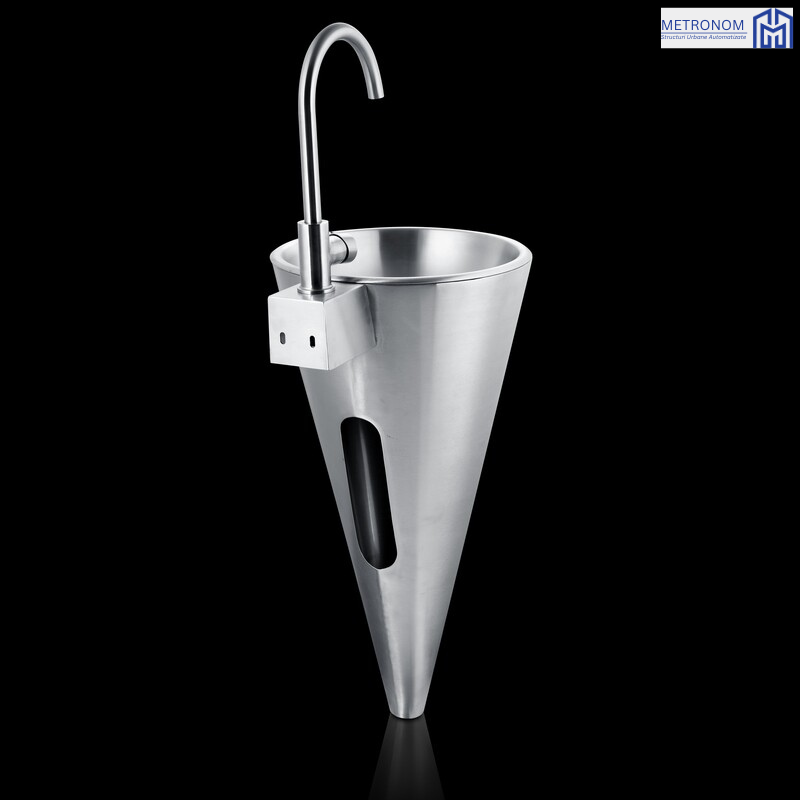 Chiuvetă conică din inox METRONOM MTR-K002 în vedere laterală, cu baterie montată pe suport metalic și corp conic alungit.