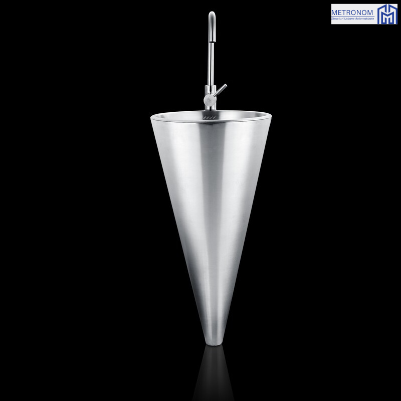 Chiuvetă conică din inox METRONOM MTR-K002, vedere frontală completă cu corp conic alungit și baterie montată central.